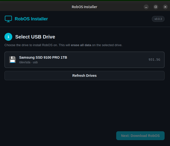 RobOS Installer — select your USB drive and click Flash